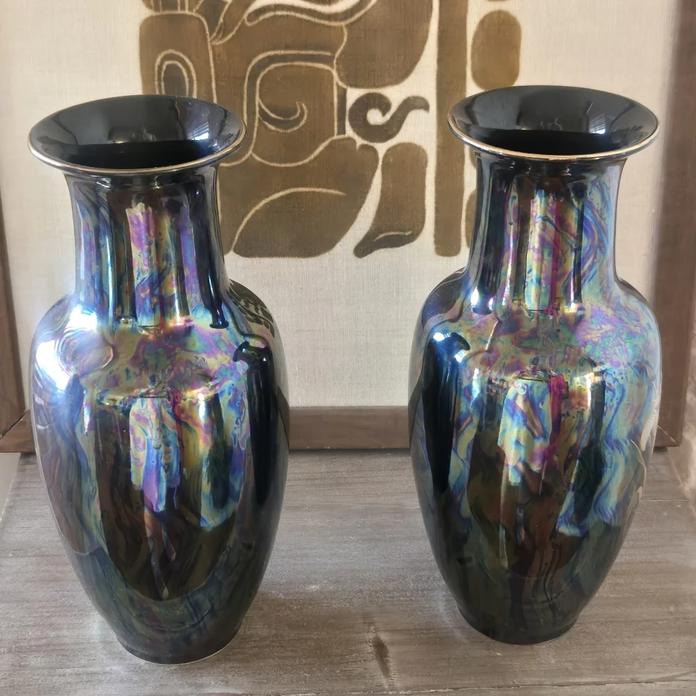 Japanese Pair Of Mid Century Vases Feat. Birds & Water Scene, Iridescent